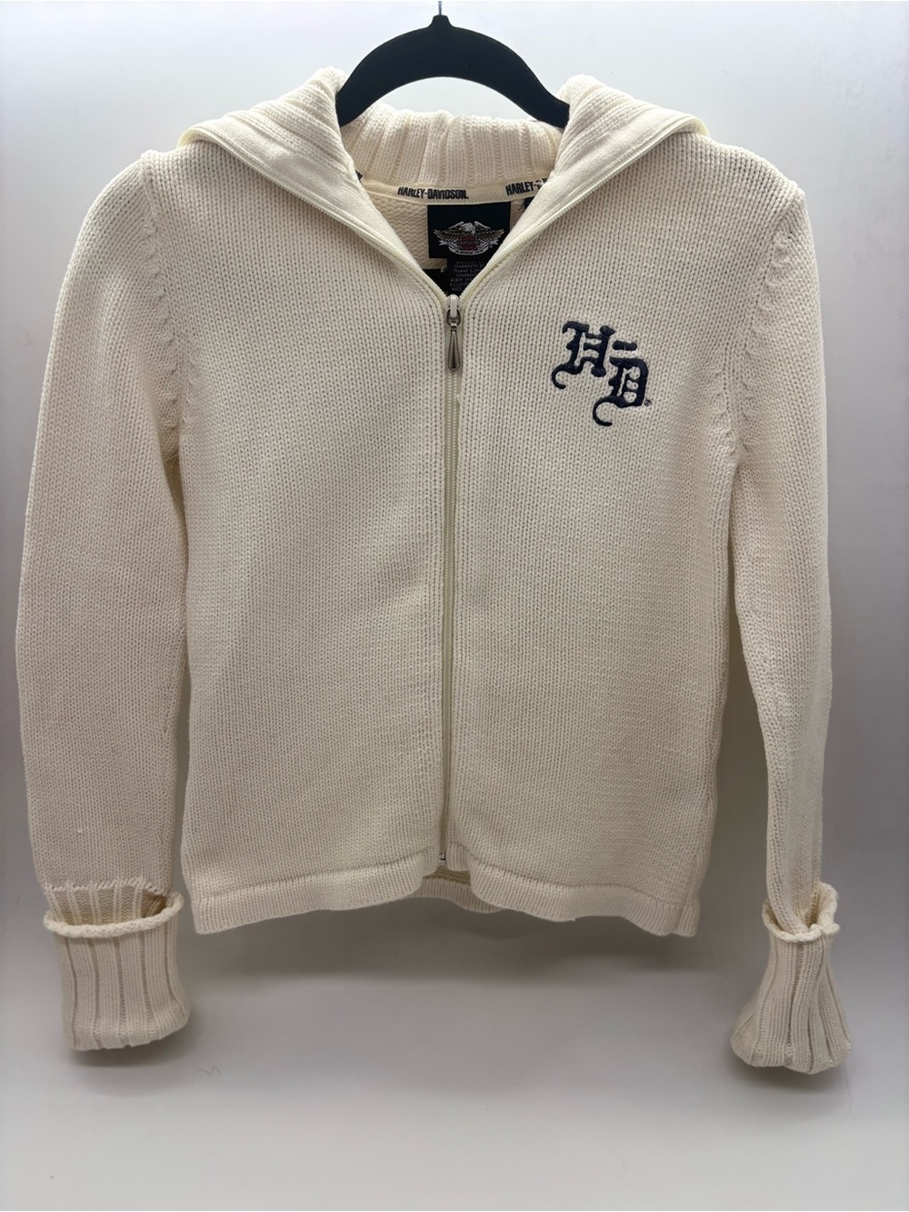 Harley-Davidson Women’s Cream Zip Hoodie with Navy Embroidered Logo